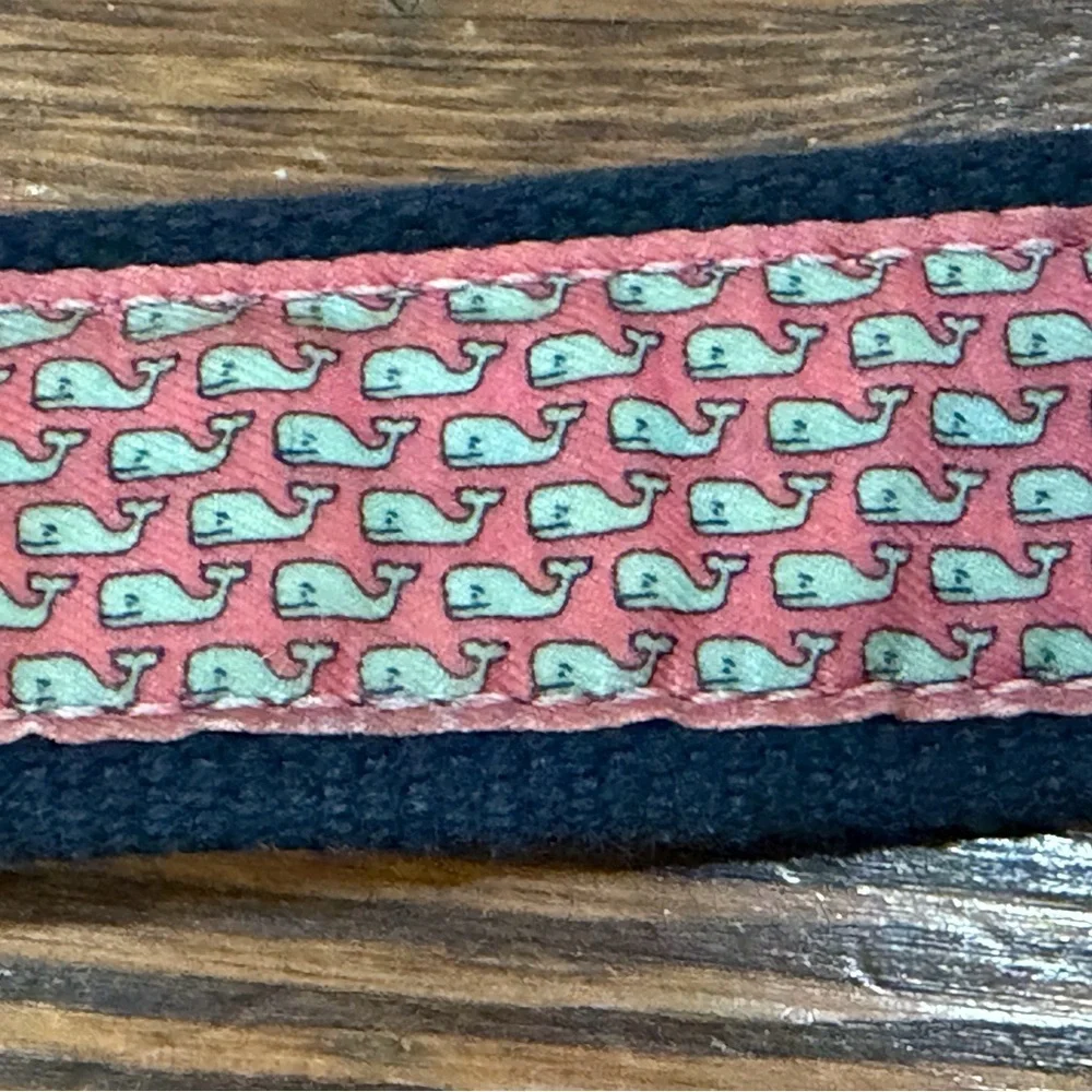Vineyard Vines Canvas Club Belt Brown Leather Embossed Whale Pink Whale Sz 32
